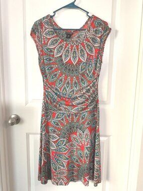 EN Focus Petite Women's 10P Orange Paisley Ruched Sheath Midi Dress 10